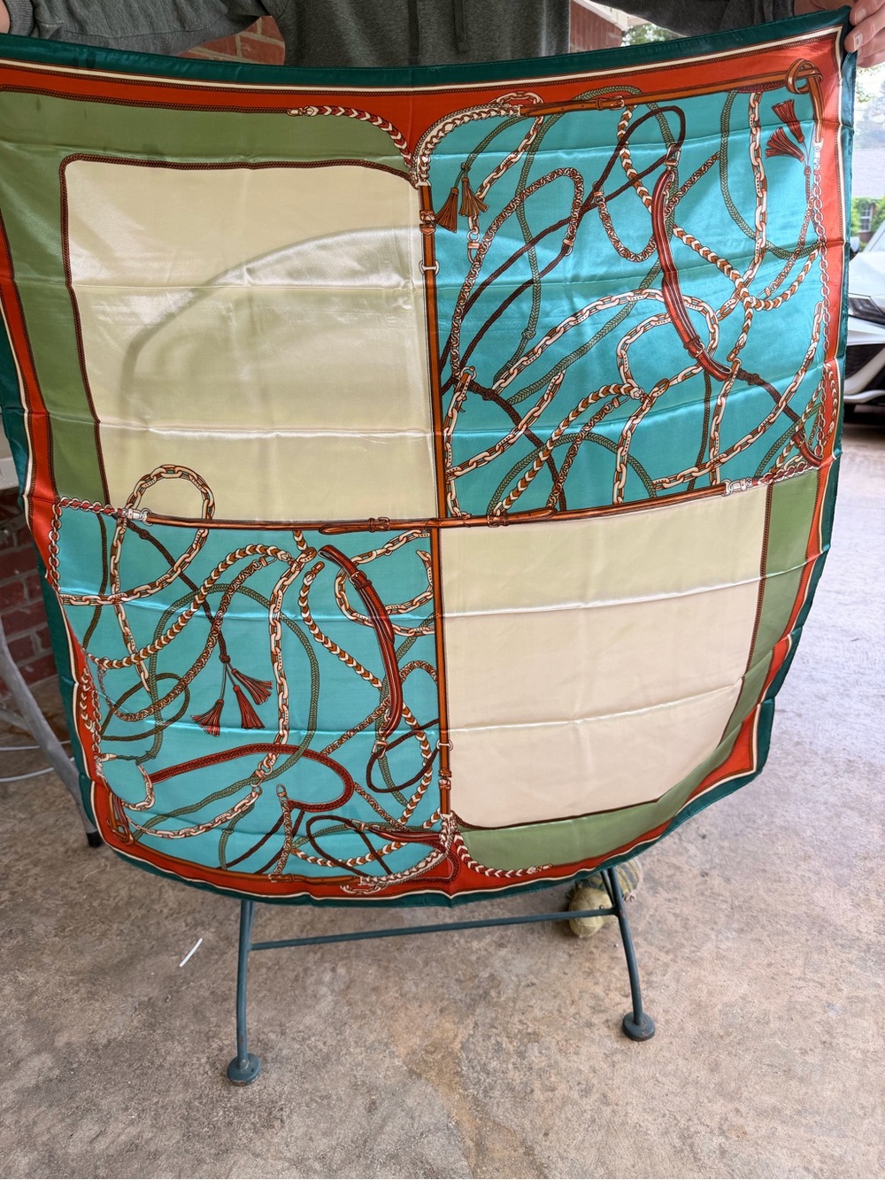 FASHION SCARF! Beautiful Chain & Rope Print Silk Scarf in Teal, brand NWOT